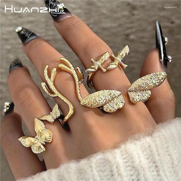 Anéis de cluster Huanzhi cor de ouro borboleta antler em forma de conjunto para mulheres meninas moda pássaro asa ajustável vintage liga fosca jóias