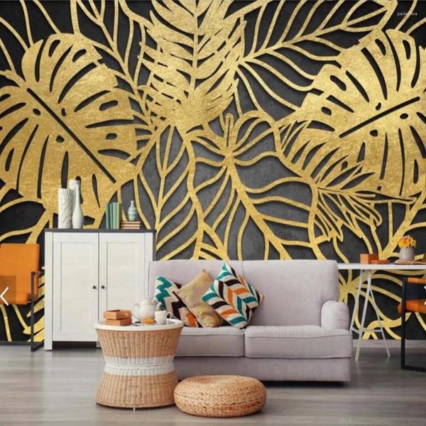 Wallpapers Tropical Rain Forest Selva Gold Banana Leaf Folhas Tamanho Maior Po Papel de Parede Mural para Sala de estar Canvas Paisagem Murais