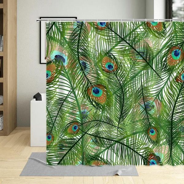 Tende da doccia Piume di pavone Tenda da bagno impermeabile Elegante piuma di uccello verde per schermi decorativi per vasca da bagno con gancio