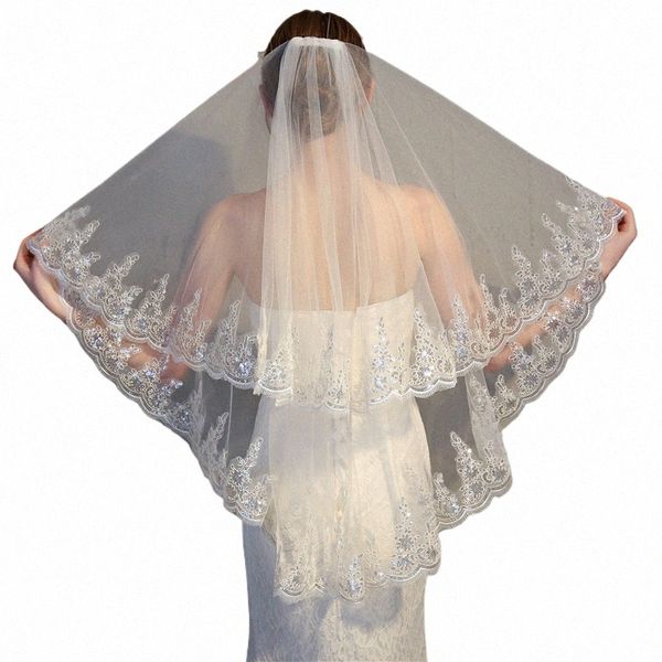 Lantejoulas femininas Edge Bride Wedding Fingertip Comprimento Two-Tier / 2T Lace Bridal Hair Accories Tulle Veil E1kz #