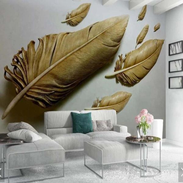 Tapeten 3D geprägte Goldfeder Tapete Po Wandbild Wohnzimmer Schlafzimmer Home Wall Decor Benutzerdefinierte Größe Papel de Parede Techo