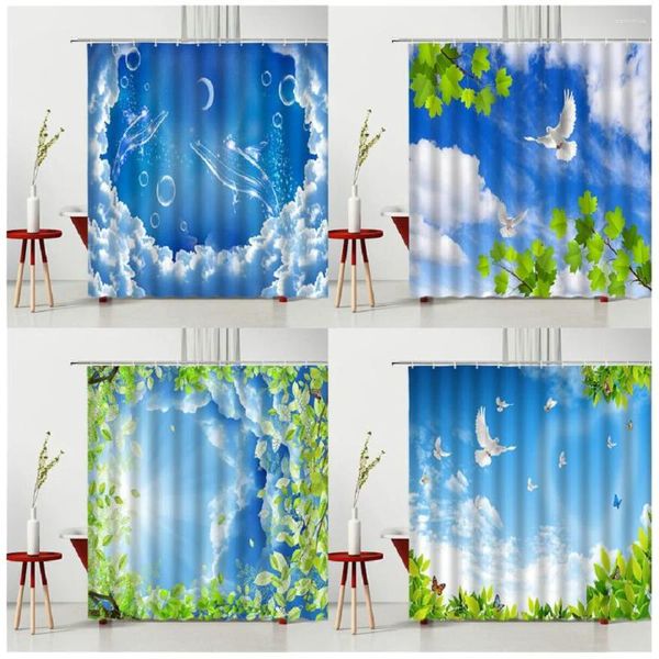Duschvorhänge, Frühling, wasserdicht, blauer Himmel, Baiyun-Vogel-Badevorhang, mehrere Größen, Badewannendekoration, Polyesterstoff mit Haken
