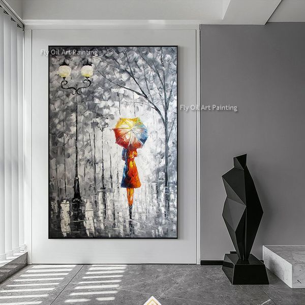 Donna moderna che tiene un ombrello nella pittura a olio di pioggia dipinto di tela paesaggistica fatta a mano dipinto moderno decorazioni per la casa decorazione per casa decorazione in tela senza cornice