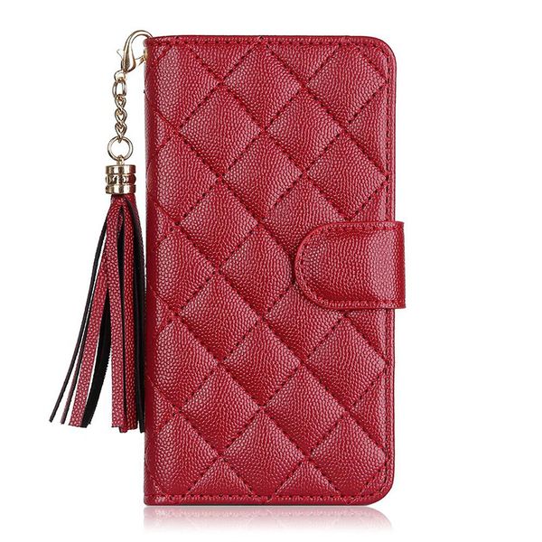 iPhone 15 Designer-Flip-Wallet-Handyhülle für Apple 14 13 12, luxuriöses gekrispeltes PU-Lammleder, Rautenmuster, Quasten-Anhänger, Kartenhalter, Tasche, Rückseite, Coque, Rot