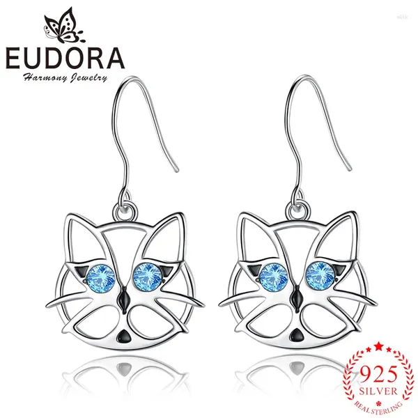 Brincos pendurados eudora real 925 prata esterlina fofo gatinho azul diamante requintado hipoalergênico moda feminina joias presentes