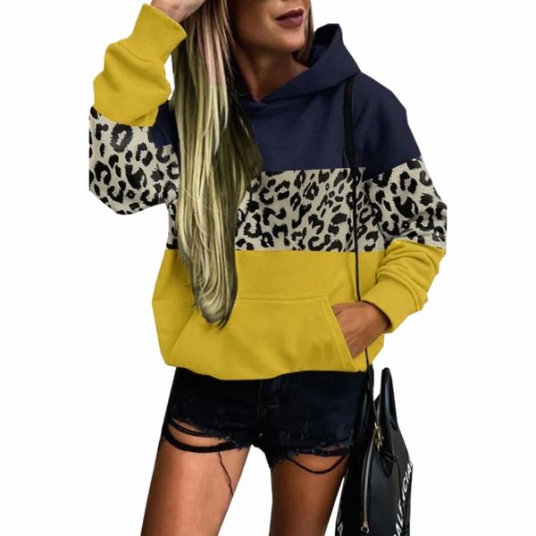 Hoodie de bloqueio de cores xadrez leopardo feminino, moletom com impressão 3D, roupas de outono e inverno, pulôver solto, plus size, vendas quentes I6rk #