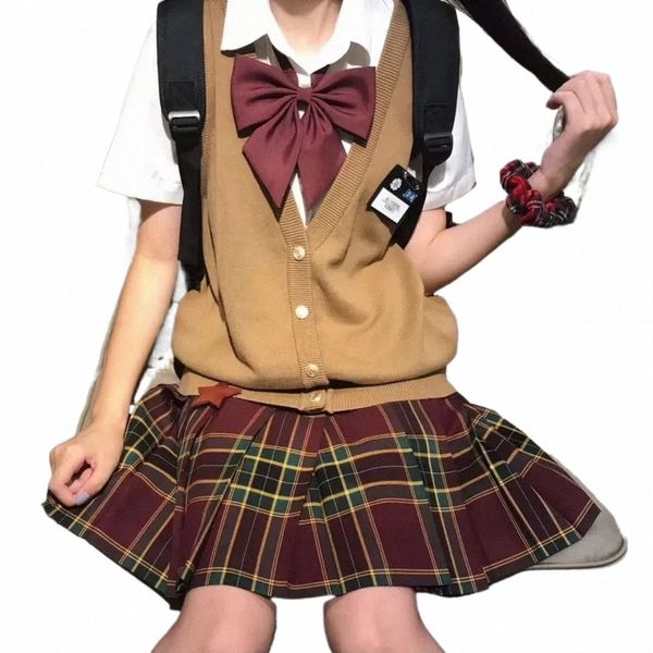 Casual JK Gestrickte Cott V-ausschnitt Weste Weihnachten Plaid Faltenrock Japanische Schuluniform Anime Cosplay Kostüme Frauen Neue Jahr h01P #