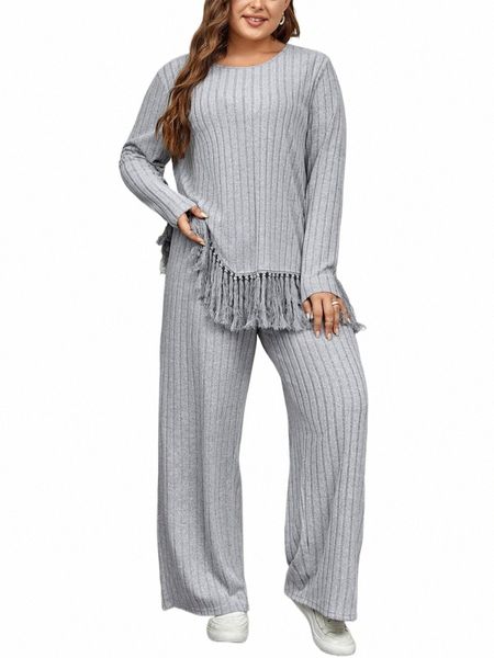 Plus Size Outono Inverno Fi Casual Sweater Suit Mulheres Soltas Sweatpants Sólidos LG Manga Tassel Womens 2 Piece Outfit Set k4uE #