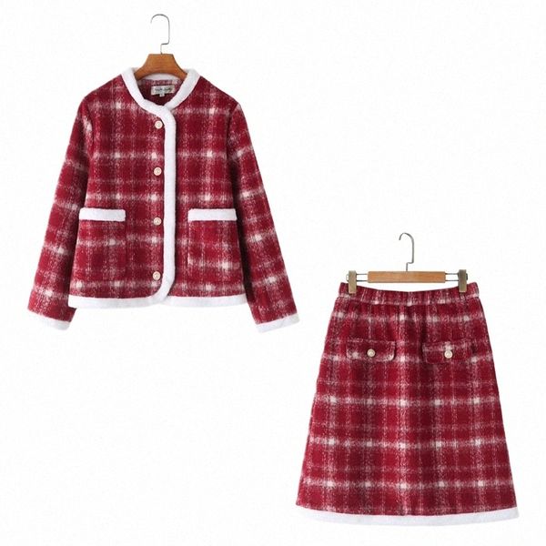 2023 Herbst Damen Sets Plus Größe Freizeitkleidung Plaid Woolen Kurze Jacke Hohe Taille Rock Zwei Stücke Kurve G5 2321 Z0QY #