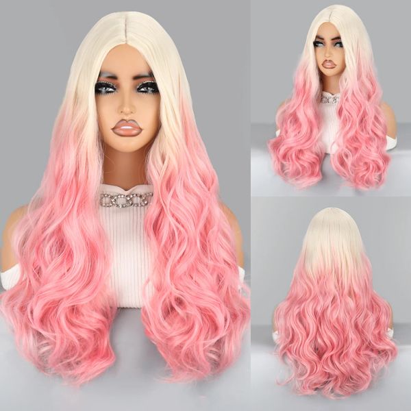 Parrucche Ombre Parrucche sintetiche da bianco a rosa con frangia Parrucca lunga diritta a strati Capelli colorati resistenti al calore per le donne