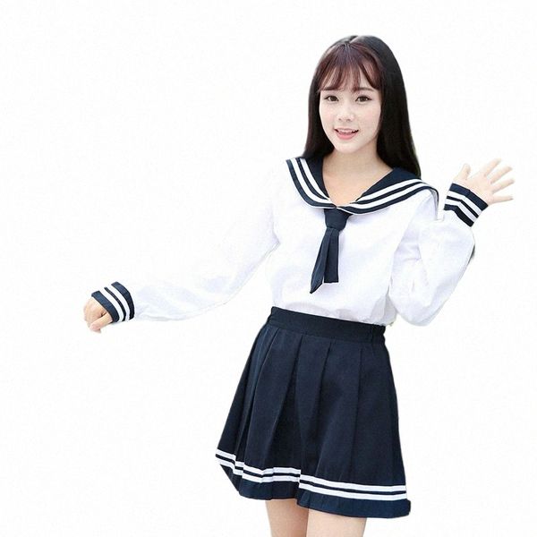 Uniforme japonês da menina da escola JK Black Sailor Basic Carto Navy Sailor Uniform define traje da Marinha Mulheres menina V0qo #