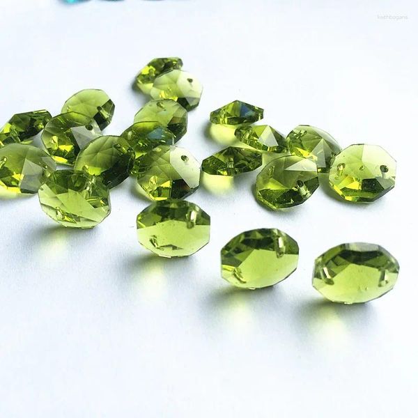 Lustre de cristal de alta qualidade 200 peças, verde oliva 14mm, contas octagonais de vidro em 2 furos para peças, cortina, anéis gratuitos