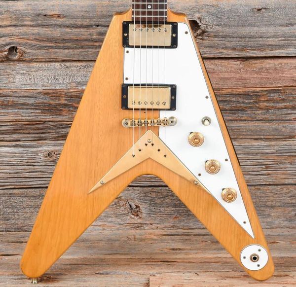 Promotion Flying V Heritage Natural Korina 1983 E-Gitarre, weißes Schlagbrett, Little Pin ABR 1 Bridge String Thru Body Gold6371171