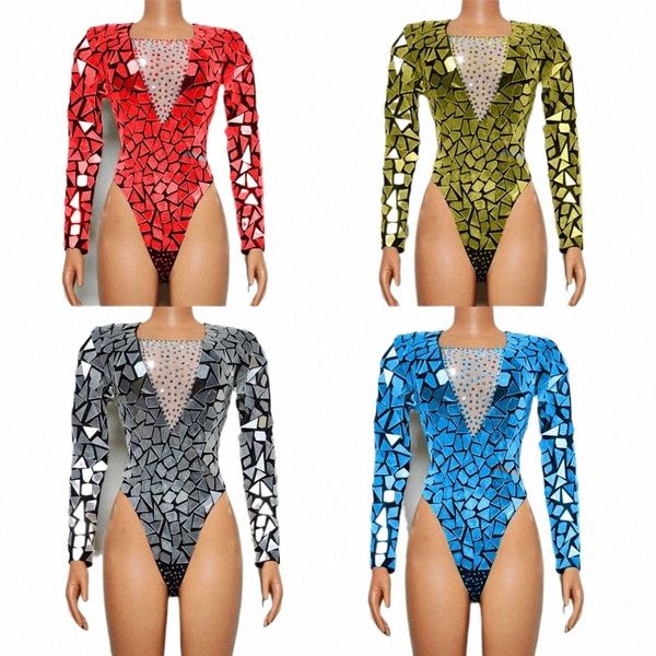 Spiegel Kostüme Frauen Rhinestes Bodysuit Festival Outfit Bar Nachtclub Dj Ds Gogo Wear Bühne Pole Dance Kleidung XS7716 d3Eo #