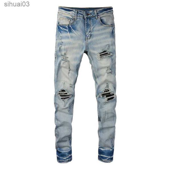 Jeans da uomo maschile crackato in pelle pieghetta in pelle jeans abbigliamento da strada abbigliamento elastico gocciolamento di denim buchi lacrime dolori tapici tapici araicil2403