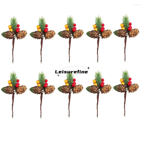 Dekoratif Çiçekler 10 PCS 15 7cm Noel Pinecone Holly Berry Sick Branch Sarı Kırmızı Mini Meyveler Yeşil Yapraklar Düğün Buket Yıl