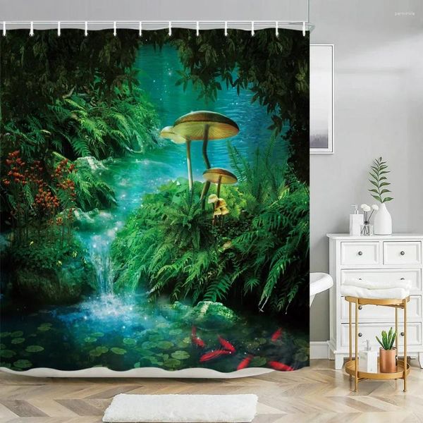 Cortinas de chuveiro fantasia cogumelo fada floresta árvore painel gótico selva verde zen rio banheiro decoração cortina com ganchos