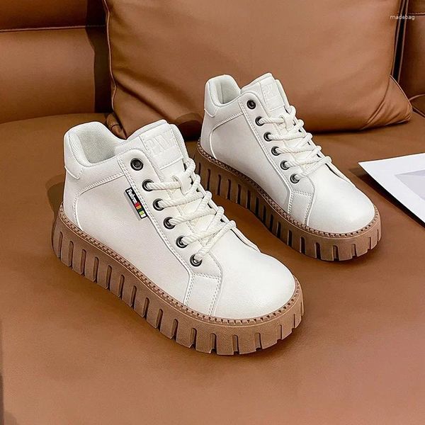 Sapatos casuais 2024 inverno feminino coreano mais veludo quente branco feminino de alta qualidade tênis de sola grossa rendas até plataforma algodão