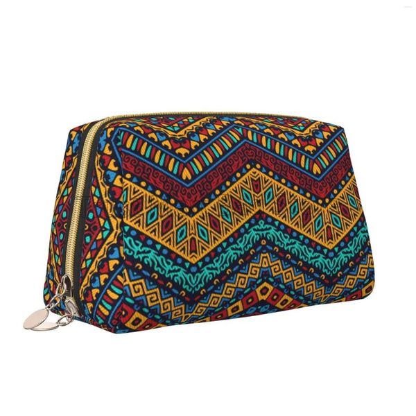 Sacos cosméticos boho africano étnico tribal padrão geométrico saco de maquiagem de couro feminino viagem bolsa de higiene pessoal grande capacidade armazenamento