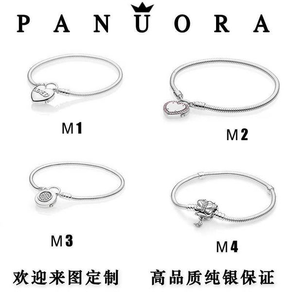 S925 Pan Jiaduola Puro Sier Superficie della mano Amore Blocco Testa Bracciale Catena di base Bracciale a catena in osso di serpente Perline fai da te