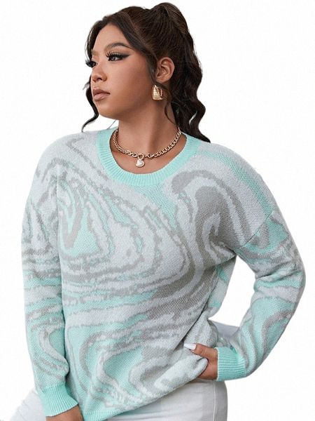 Onelink blu bianco increspature dell'acqua modello Plus Size maglione pullover da donna O collo maglia manica Lg punto piatto Oversize Top Q2l2 #