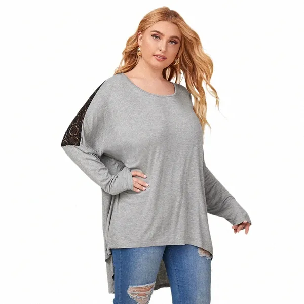 Plus Size Lg Casual Túnicas Mulheres 5XL 6XL Lg Manga Renda Patchwork Primavera Solta Hi Low Blusa T-shirt Senhoras Tamanho Grande Tops M7tG #