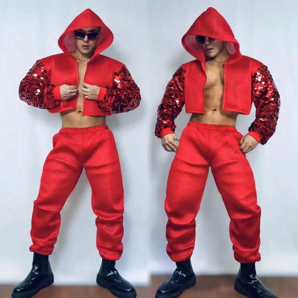 Bühnenbekleidung Hip Hop Kleidung für erwachsene männliche Clubwear Red Pailletten Tops Hosen Street Dance Kostüm Bar Gogo Tänzer Performance Kleidung