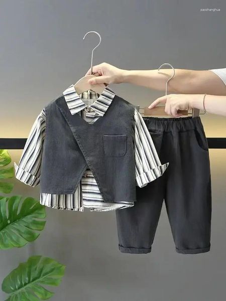 Kleidung Sets Frühling Winter Mode Jungen Grau Casual Kinder Stricken Korea Weste Streifen T-shirt Hosen Kinder 3 Stücke Anzüge