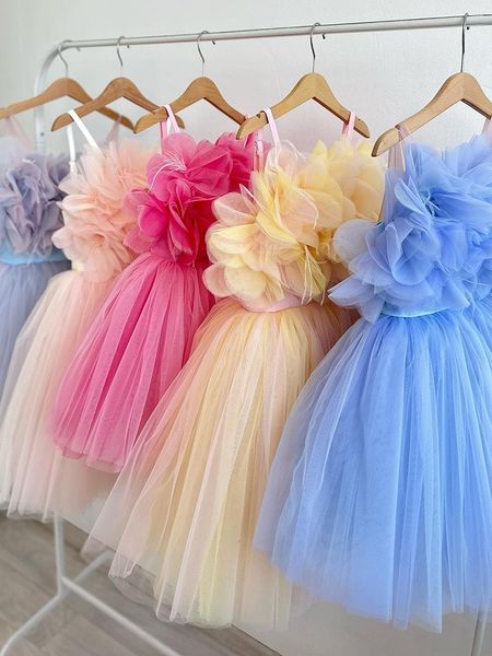 Tasarımcı Çocuklar İlk Cemaat Elbiseleri Küçük Kız Allık Pembe Çırpmalar Tatle Tül Çiçek Kız Elbise 2024 Lüks Tutu Balo Beyn Bebek Kız Pageant önlük