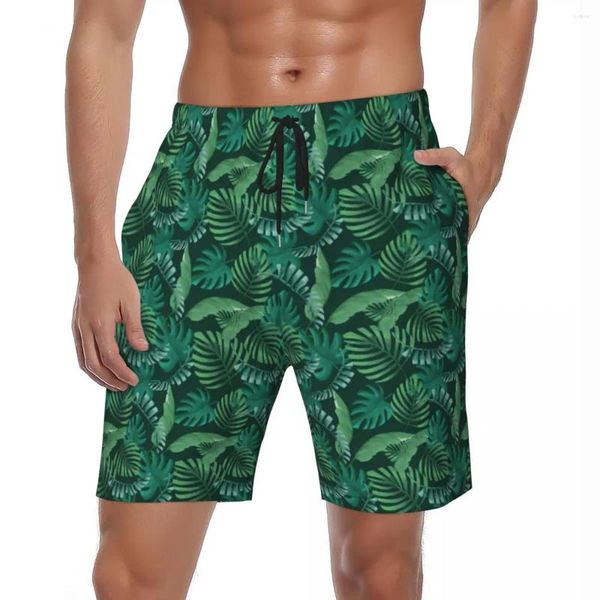 Pantaloncini da uomo Board Green Palm Leaves Hawaii Costume da bagno con stampa di foglie tropicali Pantaloni corti da fitness sportivi ad asciugatura rapida