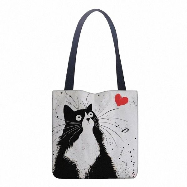 nuova signora Tote Borse Nero Bianco Cute Cat tessuto stampato Eco Borsa ad alta capacità Negozio Ufficio riutilizzabile Borsa a tracolla casual R9Ze #