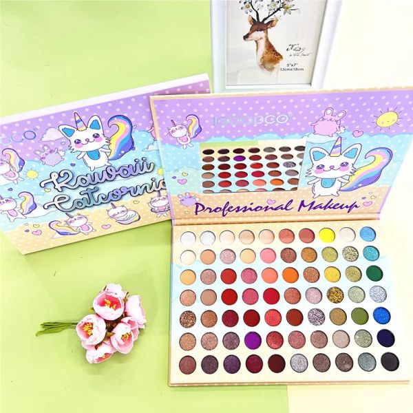 Sombra 70 cores bonito gato dos desenhos animados paleta de sombra fosca com espelho glitter sombra de olho blush pigmento maquiagem profissional para rosto