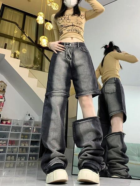 Jeans da donna 2024 Trashy Y2K Streetwear Pantaloni larghi neri lavati rimovibili per le donne Abiti Goth Pantaloni di lusso vintage da donna dritti