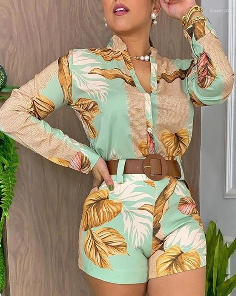 Tracksuits femininos 2024 verão casual commuting conjunto de duas peças para mulheres tropical impressão botão gola manga longa camisa top e shorts