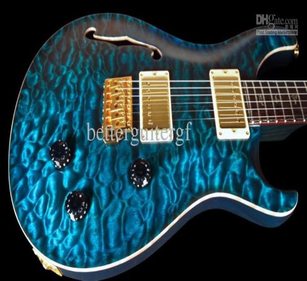 Custom 22 Private Stock brasiliano LTD Blu Qulit Maple Top Semi Holllow Body Chitarra elettrica Abalone Neck Binding Birds Fingerbo3555567