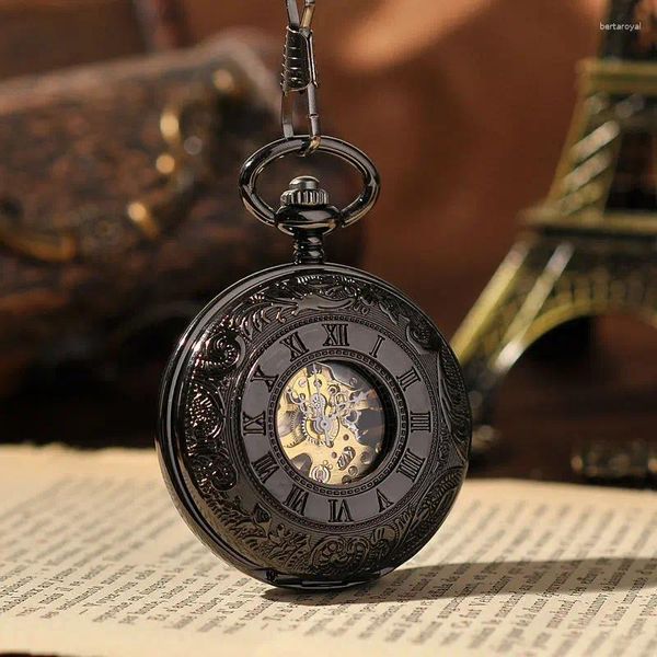 Orologi da tasca Orologio a carica manuale di stile di lusso Scheletro nero Steampunk Cassa cava doppia Quadrante con numeri romani Movimento meccanico con catena