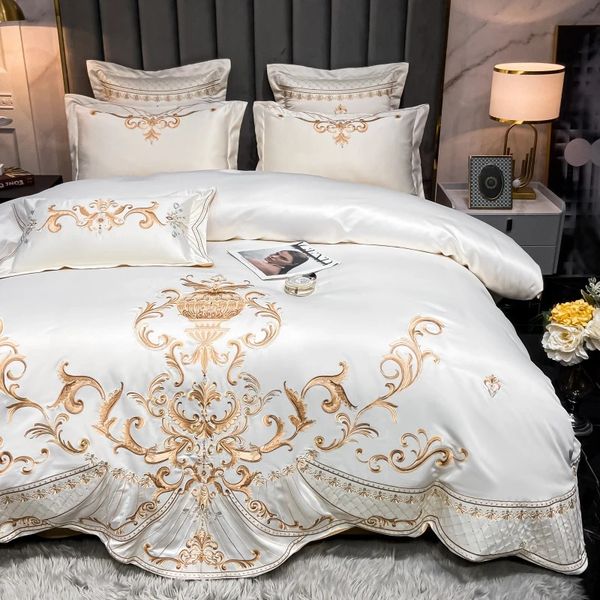 Set di biancheria da letto in raso e cotone con ricamo reale in oro di lusso Set copripiumino doppio liscio set copripiumino e federe 240322