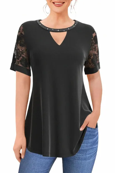 T-shirt da donna Plus Size Casual in pizzo tagliato decorativo con paillettes scintillanti camicetta a maniche corte da ufficio Lady Fi T-shirt estiva C4JQ #