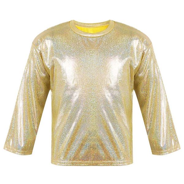 Unisex Kinder Jungen Mädchen Shiny Metallic T Shirts Langarm Lose Dance Crop Tops für Bühne Performance Party Ballett Top 240318