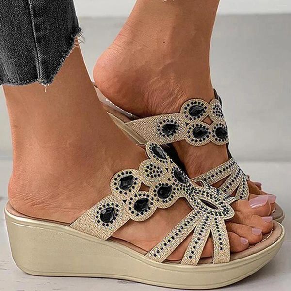 Sandálias femininas elegantes chinelos cunhas sapatos causais gota de água ponto onda estilo boêmio salto de inclinação sandalias planas