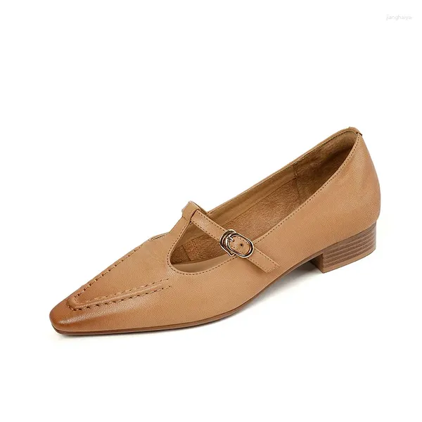 Sapatos casuais 2024 mulheres bombas de couro natural 22-25cm pele de carneiro pele de porco quadrado completo t-fivela mary jane