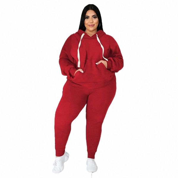 Trendy Plus Size Abbigliamento donna 2 pezzi Set Fi Pocket Felpe con cappuccio Tinta unita Stretch Pantaloni casual Abiti Abbigliamento sportivo all'ingrosso 22Qe #