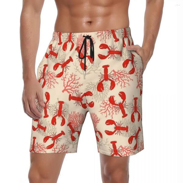 Shorts masculinos machos placa lagostas vermelhas y2k retro troncos de natação costeira coral secagem rápida esportes tamanho grande calças curtas