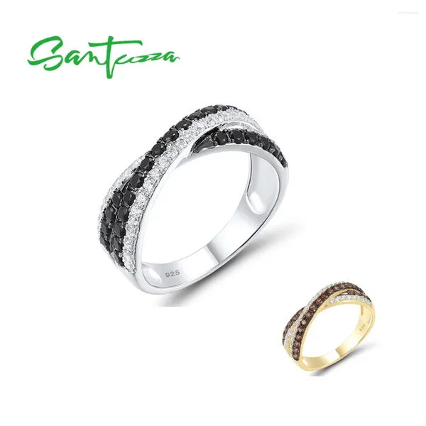 Cluster-Ringe SANTUZZA Silber Ring für Frauen Echtes 925 Sterling Schwarz Braun Spinell Weiß CZ Kreuz Tägliches Tragen Geschenke Feiner Schmuck