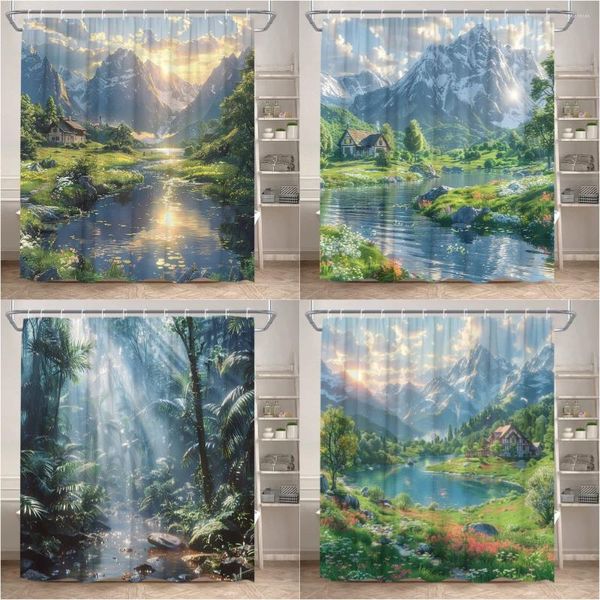 Tende da doccia Tenda panoramica Natura Paesaggio Oceano Montagna Foresta Cascata Fiume Primavera Fiore Pianta Tessuto in poliestere Arredamento bagno