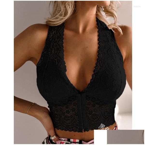 Mulheres Tanques Camis Mulheres Sports Brassiere Tank Top Slim Solid Lace Curto Y V-Neck Sem Mangas Spaghetti Strap Halter Backless Bra Colete Oted3