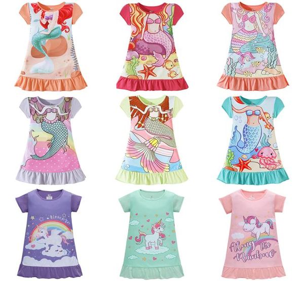 Verão crianças meninas pijamas vestido de algodão dos desenhos animados camisola crianças sereia cavalo sleepwear roupas para casa vestidos 4 pçsset m16016125952
