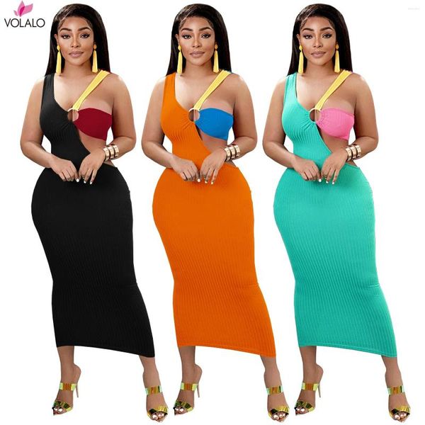 Vestidos casuais volalo com nervuras retalhos maxi vestido mulheres sexy sem mangas botão redondo cor combinar corte decote corpo-shaping feminino robe