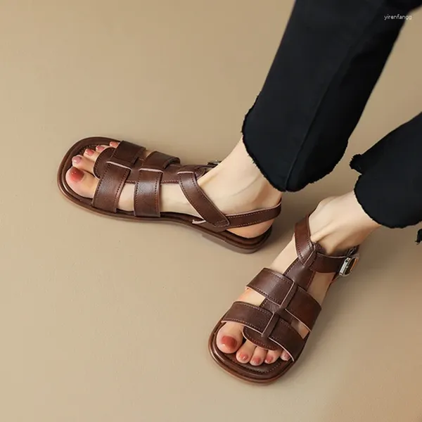 Sapatos casuais verão mulheres sandálias split couro para dedo aberto baixo salto gladiador preto vintage romano