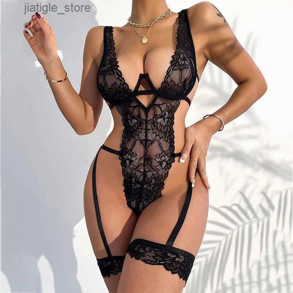 Sexy conjunto quente sexy bodysuit mulher de uma peça sutiã profundo com liga conjunto roupa interior sensual lingerie renda bodydolls lenceria erótico mujer 18 + y240329